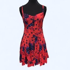 Free People Red Floral Mini Dress with Blue Floral Print